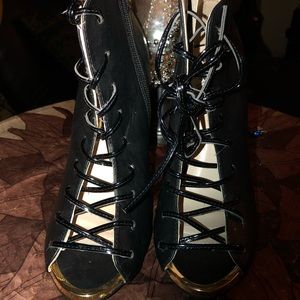 Black open toe laced up high heels